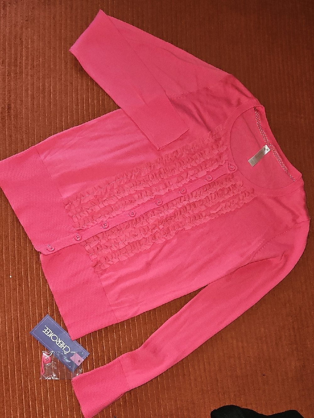 Cherokee Hot Pink Knit Cardigan with Polka Dot Trim